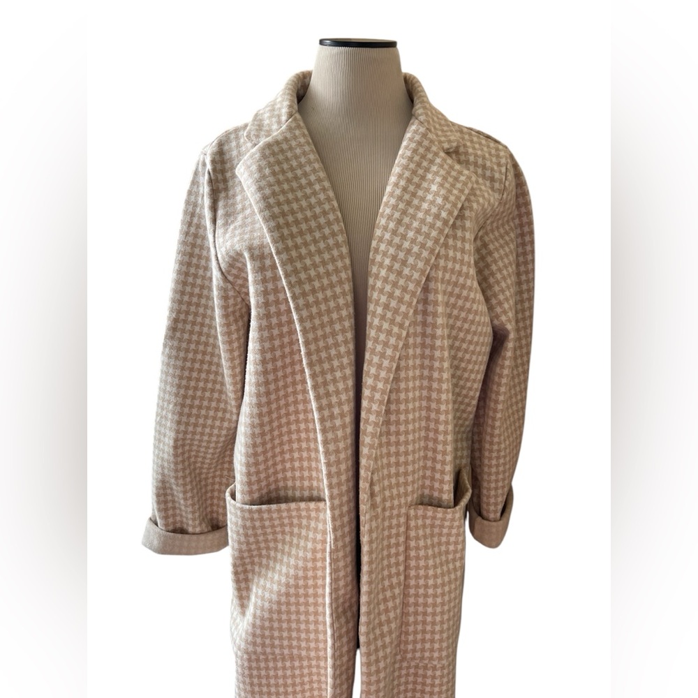 SHINESTAR Tan White Checked Houndstooth Lightweight Jacket‎ Classic Size LARGE